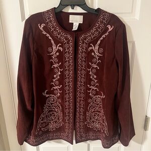 Susan Graver Style embroidered tunic style jacket hook/eye closure  burgundy 1X
